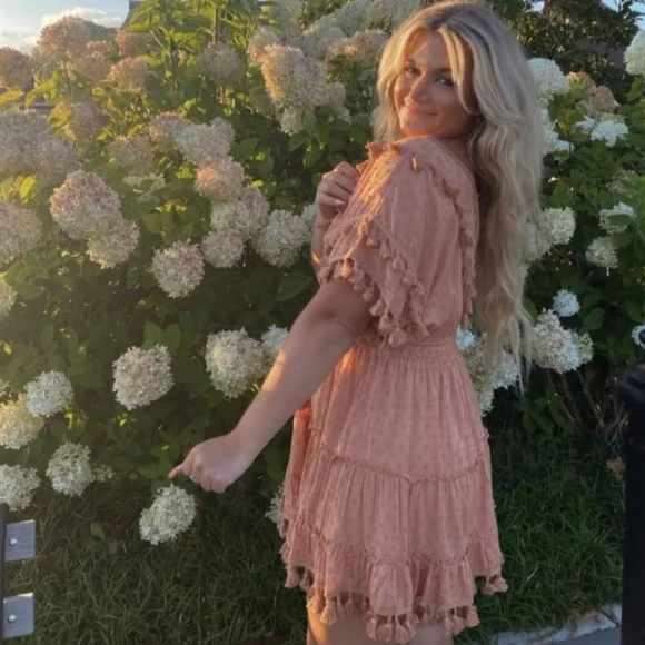 [ Z&L Europe Blush Nona Fringe Pom Tassel Cotton Woven Mini Dress ] NWT Large - Picture 2 of 3